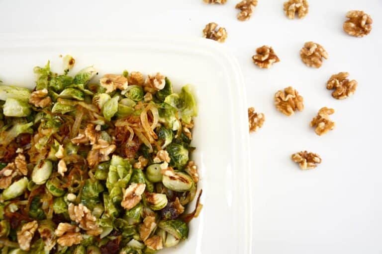 Roasted Brussels Sprouts with Caramelized Onion, Dates and Walnuts